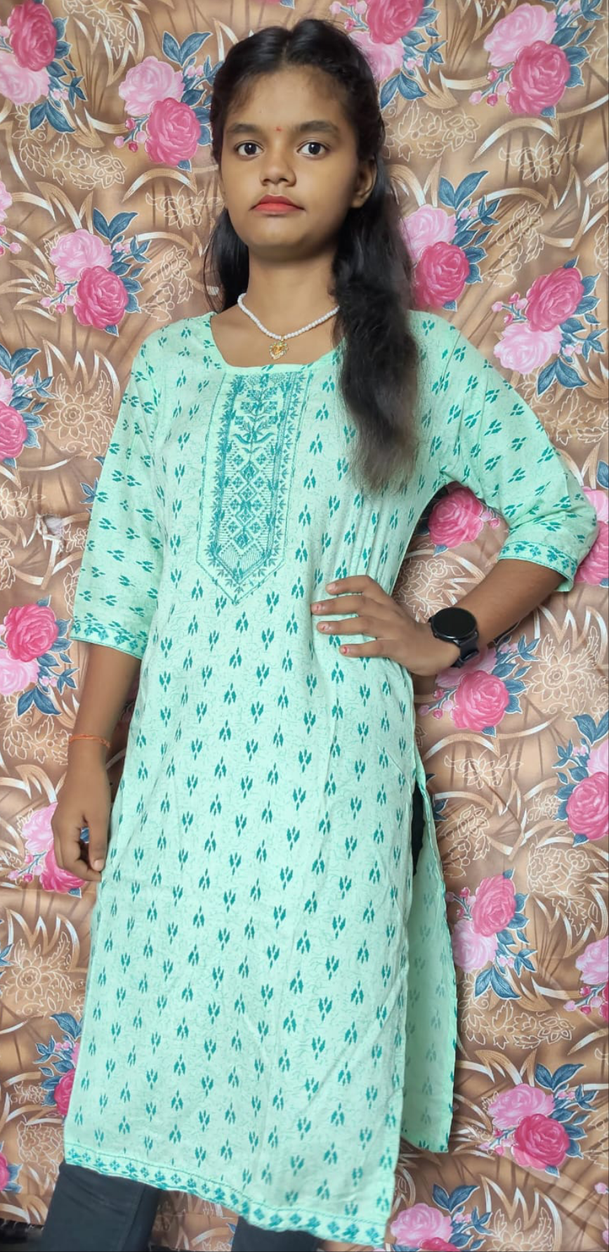 Women’s Printed Straight Kurti – Light Green with Embroidered Neck