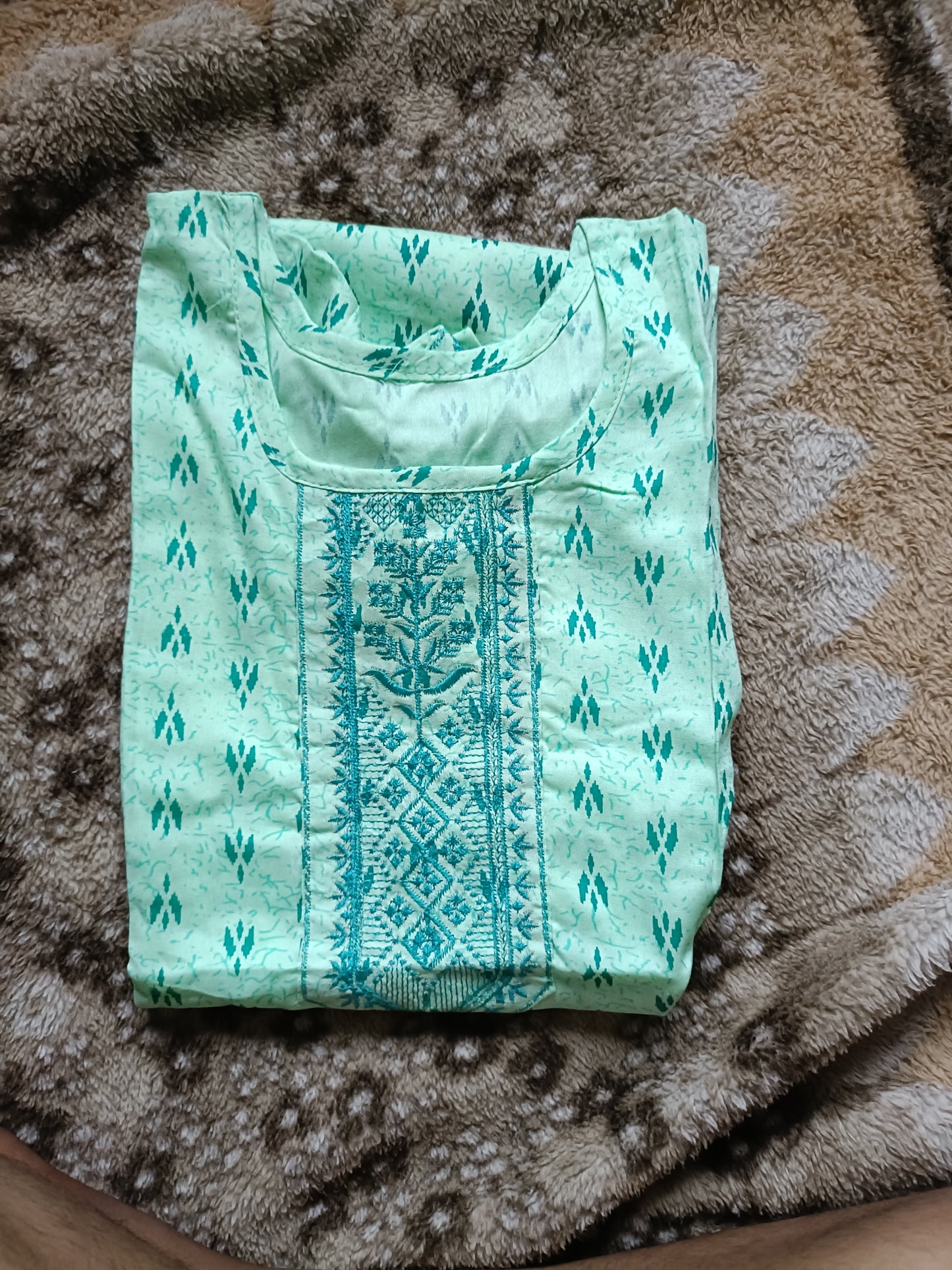 Women’s Printed Straight Kurti – Light Green with Embroidered Neck