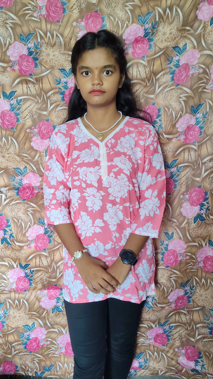 Women’s Floral Printed Short Kurti – Pink & White