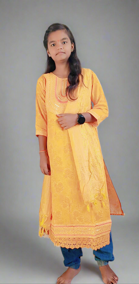 "Stylish Orange Cotton Kurti with Dupatta | Festive & Casual Wear for Girls & Women"